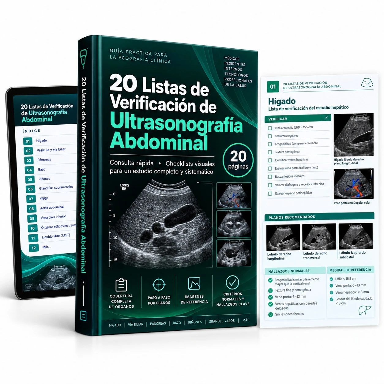 Mockup de 20 Listas de Verificación para Ultrasonografía Abdominal