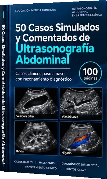 Recorte del mockup de 50 Casos Simulados y Comentados de Ultrasonografía Abdominal